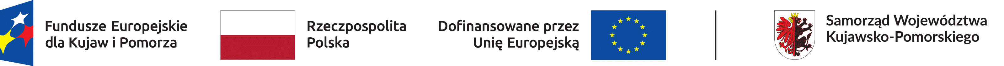 Zestawienie znaków dla programów regionalnych: znak Funduszy Europejskich, znak barw Rzeczypospolitej Polskiej, znak Unii Europejskiej, herb województwa Kujawsko-Pomorskiego