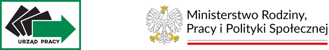 Logo Urzędu Pracy z zieloną strzałką skierowaną w prawo i czarnymi elementami graficznymi symbolizującymi dokumenty; po prawej stronie logo Ministerstwa Rodziny i Polityki Społecznej z napisem ‘Minister Rodziny i Polityki Społecznej’ oraz czerwonym podkreśleniem.